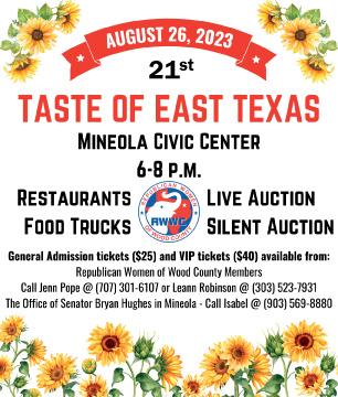 Taste of East Texas 2023 Flyer - Mineola Civic Center, August 26, 2023 6pm-8pm, $25 general admission. TIckets must be purchased ahead of time.